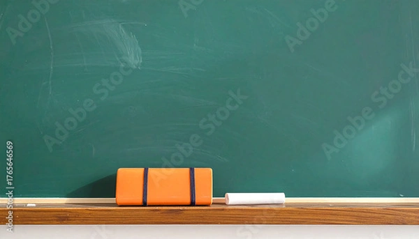 Obraz 黒板の端に並ぶチョークと消しが描く静かな学校の一日の始まり