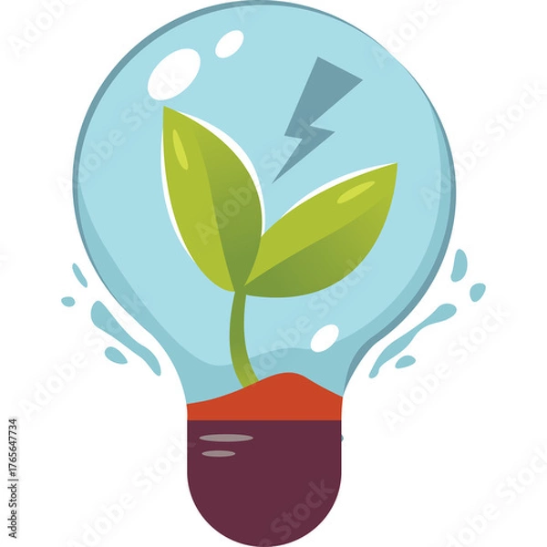 Fototapeta A Transparent Background Lightbulb Containing a Small Plant Growing From Soil With A Lightning Bolt Symbol Inside Symbolizing Green Energy And Innovation
