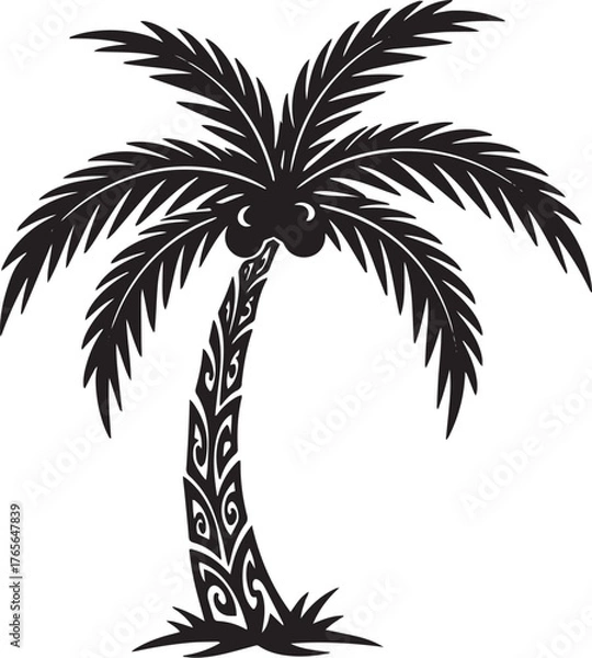 Fototapeta Stylized palm tree illustration with tribal patterns, tropical g