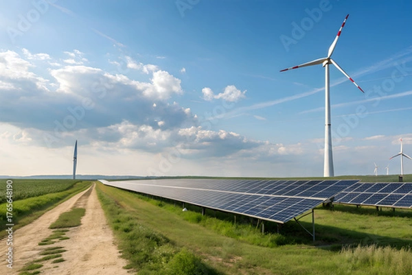 Fototapeta Wide view of solar panels and wind turbines under blue sky, illustrating renewable energy production, eco-friendly technology, and sustainable environmental solutions.