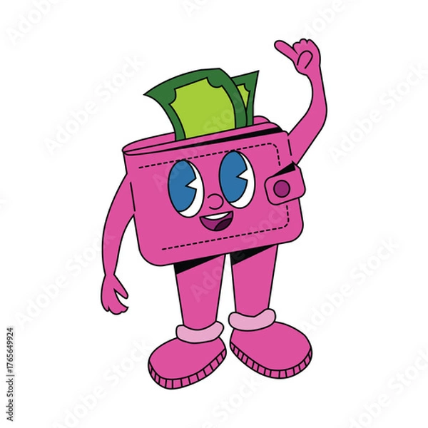 Fototapeta Happy pink wallet character with money