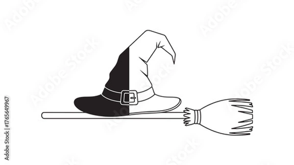 Obraz Witch hat and broom vector illustration simple Halloween design element isolated on white 