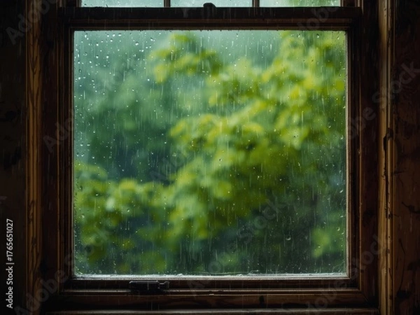 Fototapeta Cozy window view with gentle rain streaks on glass, lush green trees blurred in background