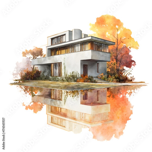 Fototapeta Modern house reflects autumn colors in a tranquil garden setting