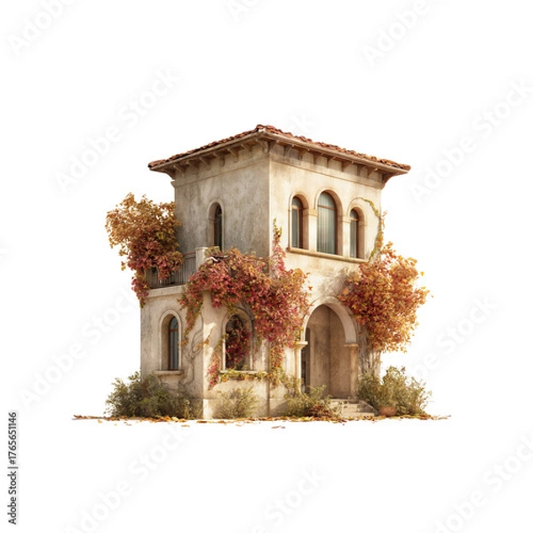 Fototapeta Old villa surrounded by autumn vines with warm sunlight illuminating its rustic charm