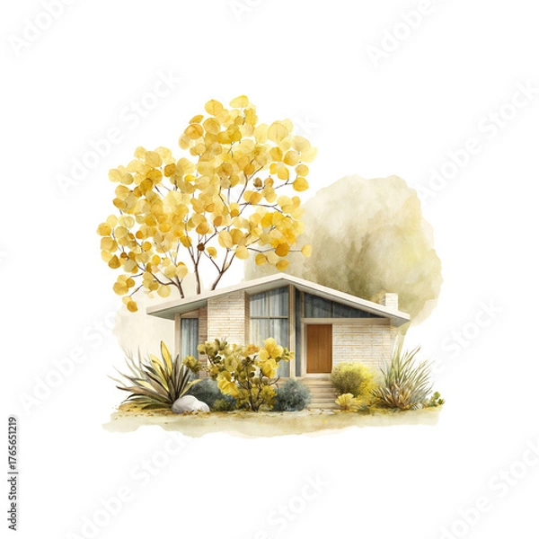 Fototapeta Cozy modern house surrounded by lush greenery and vibrant yellow trees in a serene garden setting