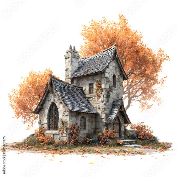 Fototapeta Charming stone cottage surrounded by autumn trees and colorful foliage in a serene landscape setting