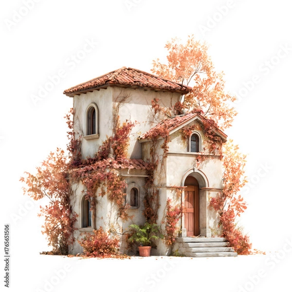 Fototapeta Charming old house covered in autumn leaves in a serene setting with warm colors and rustic architecture