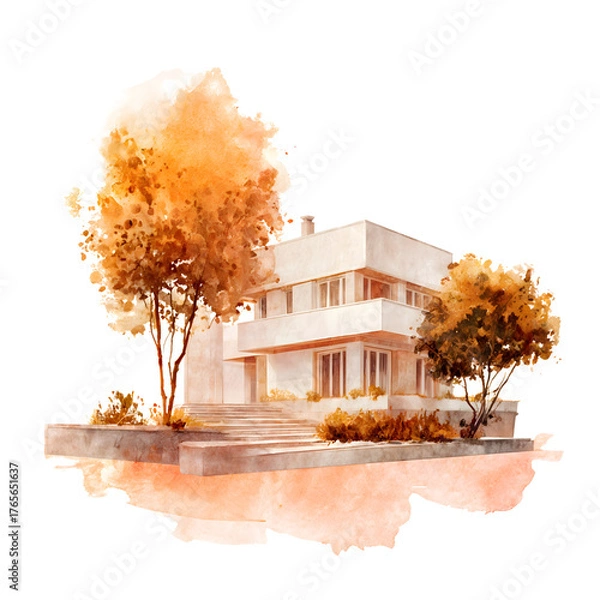 Fototapeta Modern architectural house design surrounded by autumn foliage in a serene setting