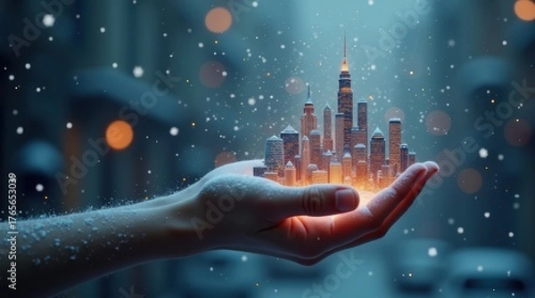 Obraz Discover your dream city skyline held gently in a snowy hand, a magical urban landscape bathed in warm, glowing light.
