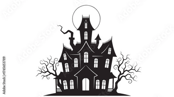 Obraz Spooky haunted house silhouette vector illustration for Halloween isolated on white