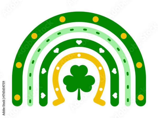 Fototapeta Luck boho rainbow. Vector illustration with a green clover and golden horseshoe. Colorful St. Patrick’s Day design element. Symbol of Irish, luck, joy, and good fortune. Perfect for festive decor. 