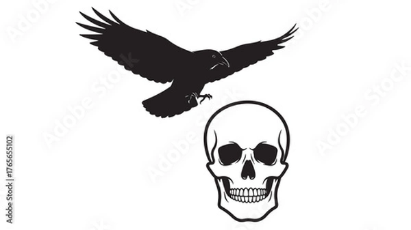 Obraz Raven flying with skull vector illustration for gothic dark or Halloween themes