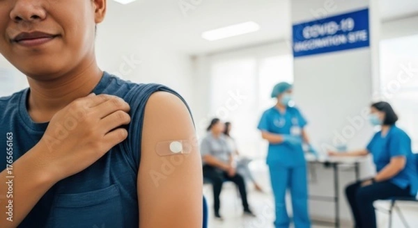 Fototapeta Covid-19 vaccination. Man shows arm with plaster after getting vaccine shot. Concept of immunization program, pandemic prevention, health care, immunity, herd immunity, getting jab.