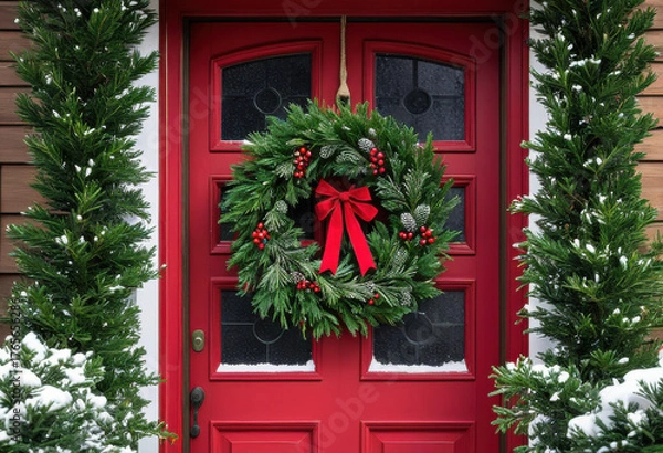 Fototapeta Festive wreath made of pine, holly, and berries hanging on a classic red front door