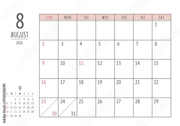 Fototapeta 2026年 8月 シンプル書き込みカレンダー