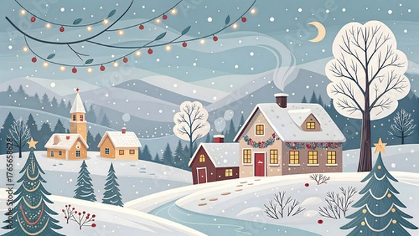 Fototapeta Minimal vector illustration of village in winter merry xmas