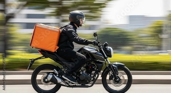 Fototapeta Motorcycle delivery driver with orange insulated box on back in motion on city street