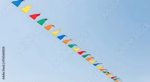 Obraz Vibrant colorful pennant flags flutter against a clear bright blue sky, celebrating outdoor events and festive occasions