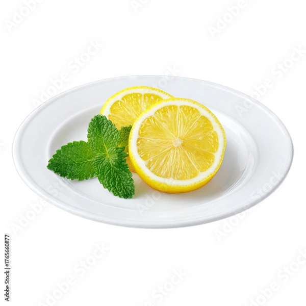 Fototapeta White ceramic plate with sliced lemon and mint leaves. Isolated white background. Png format