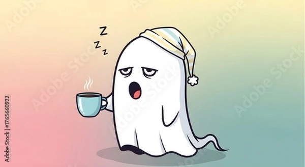 Obraz Funny cartoon ghost needs caffeine to wake up this Halloween season, sipping coffee in a sleeping cap with Zzz's floating by, cute spooky vibes