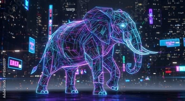 Obraz Futuristic neon elephant walking through a vibrant cyberpunk city at night, symbolizing technology, innovation, and the wild nature of digital evolution
