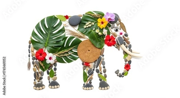 Obraz Adorable elephant art made with vibrant flowers, smooth stones, and lush leaves on white background for a whimsical and creative nature project idea