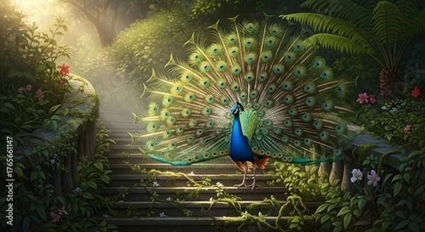 Obraz Stunning peacock displaying vibrant plumage on lush garden staircase, a symbol of beauty, pride, and elegance in a serene, enchanting landscape
