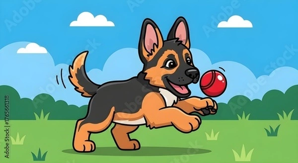 Obraz Playful cartoon German Shepherd running happily with a red ball in a bright outdoor scene, perfect for children's books and adorable pet-related content
