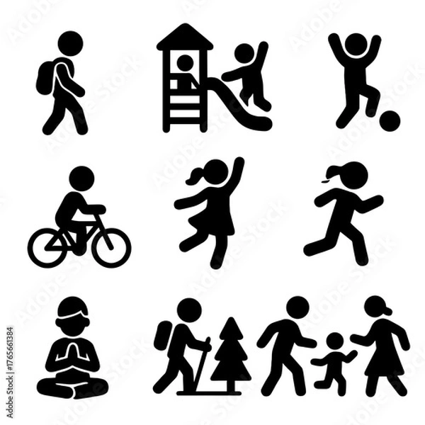 Obraz Outdoor activities silhouette icon set. walking, playground, soccer, cycling, dancing, running, meditation, hiking, family
