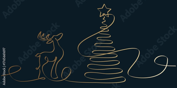 Fototapeta Vector Christmas card in line art style. Festive sketch. Golden Deer, christmas tree, bell isolated on blue background. Continuous line drawing christmas toys