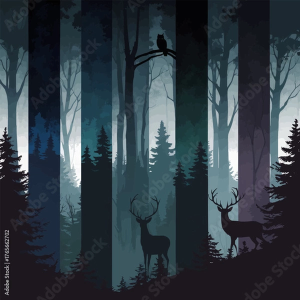 Obraz Illustration of a dark mysterious forest scene with deer and an owl divided by vertical colorful stripes