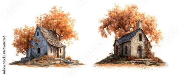 Fototapeta Charming houses surrounded by vibrant autumn trees in a serene landscape setting