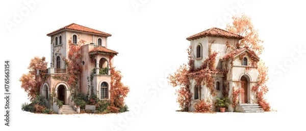 Fototapeta Beautiful autumn scene featuring two charming houses surrounded by colorful foliage in a serene environment