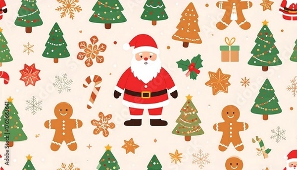 Fototapeta Colorful holiday-themed pattern with cartoon Santa Claus, Christmas trees, snowflakes, gingerbread men, and festive decorations on a cream background