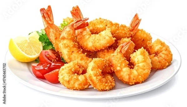 Fototapeta Crispy golden fried seafood presented on a white plate with fresh lemon, tomato slices, and sprigs of green herbs. The focus is on the texture of the food