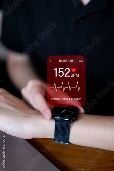 Fototapeta Person using smartwatch technology to monitor heart attack arrythmia alert detection health prevention heartbeat innovation pulse wellness cardiogram health care fitness lifestyle electronic sensor