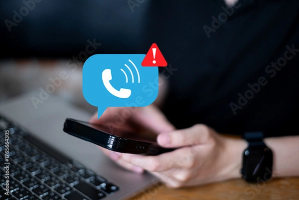 Fototapeta Person user receiving unknown anonymous spam scam call fraud phishing security cybersecurity technology digital information hacker warning risk threat safety crime fake news alert privacy network