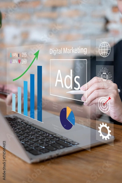 Fototapeta Businessman online advertising digital marketing strategy data analysis dashboard information report corporate e-business business technology concept