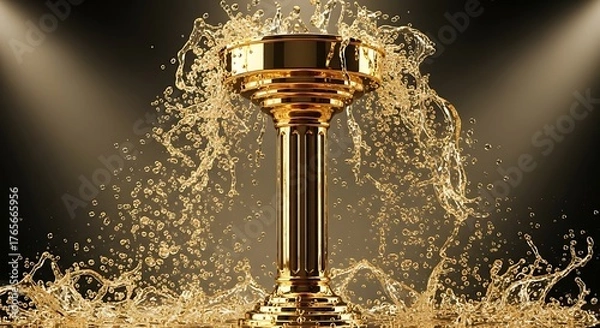 Fototapeta Golden trophy with water splashing around it symbolizing victory