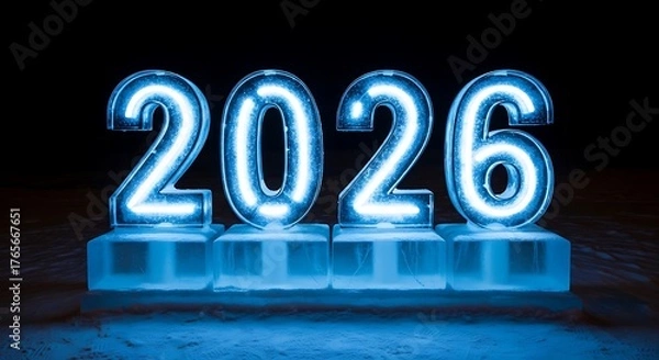 Fototapeta Illuminated ice sculpture of the year 2026 glows in the dark night