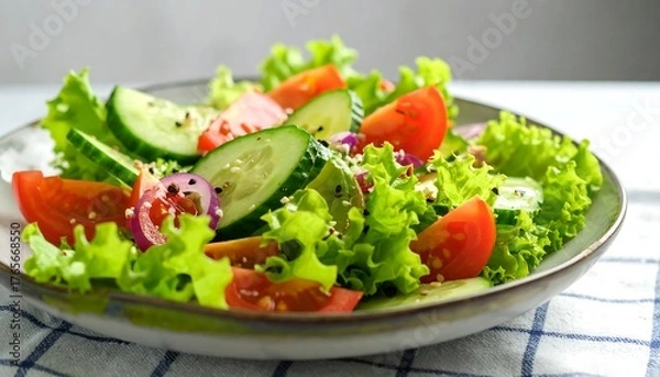 Fototapeta Colorful salad with lettuce, tomatoes, cucumber, and red onion on a plate resting on a blue & white cloth