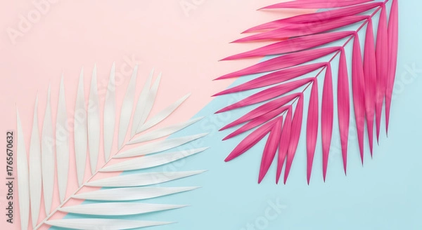 Fototapeta Two palm leaves on a pastel background create a tropical vibe