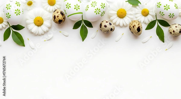 Fototapeta Easter eggs and daisies arranged on a white background overhead view