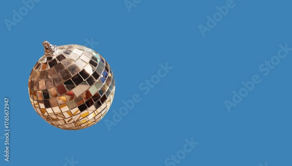 Fototapeta Decorative Festive New Year Shiny Mirror Disco Ball with Lots of Small flat mirrors, Christmas tree decoration, on a blue background