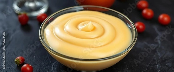 Fototapeta Silky smooth pudding in a glass bowl, close-up texture, food, culinary arts