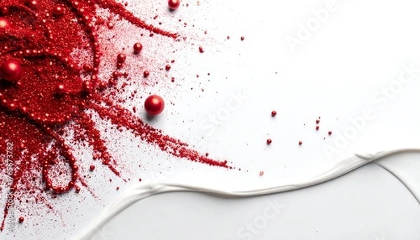 Fototapeta Festive layout of red glitter and scattered beads with a white wavy line against bright background