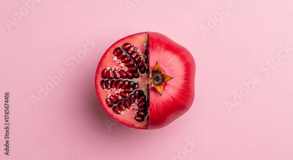 Fototapeta Sliced pomegranate fruit showing seeds on a pink background studio