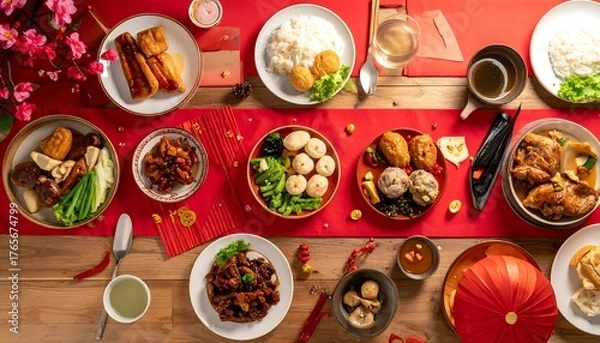 Fototapeta Festive Lunar New Year banquet assorted dishes, rice, red envelopes atop a wooden table with red runner and flowers