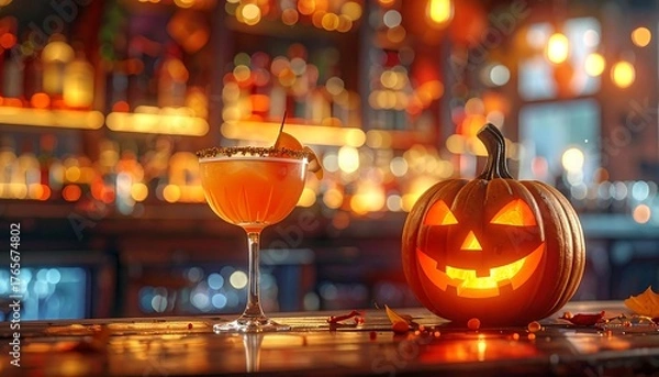 Fototapeta Festive orange drink with jack-o'-lantern on bar, bokeh lights, autumnal leaves. Halloween mood
